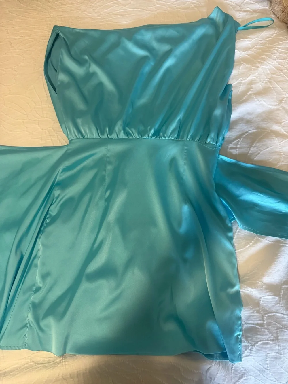 One-Shoulder Teal Satin Dress